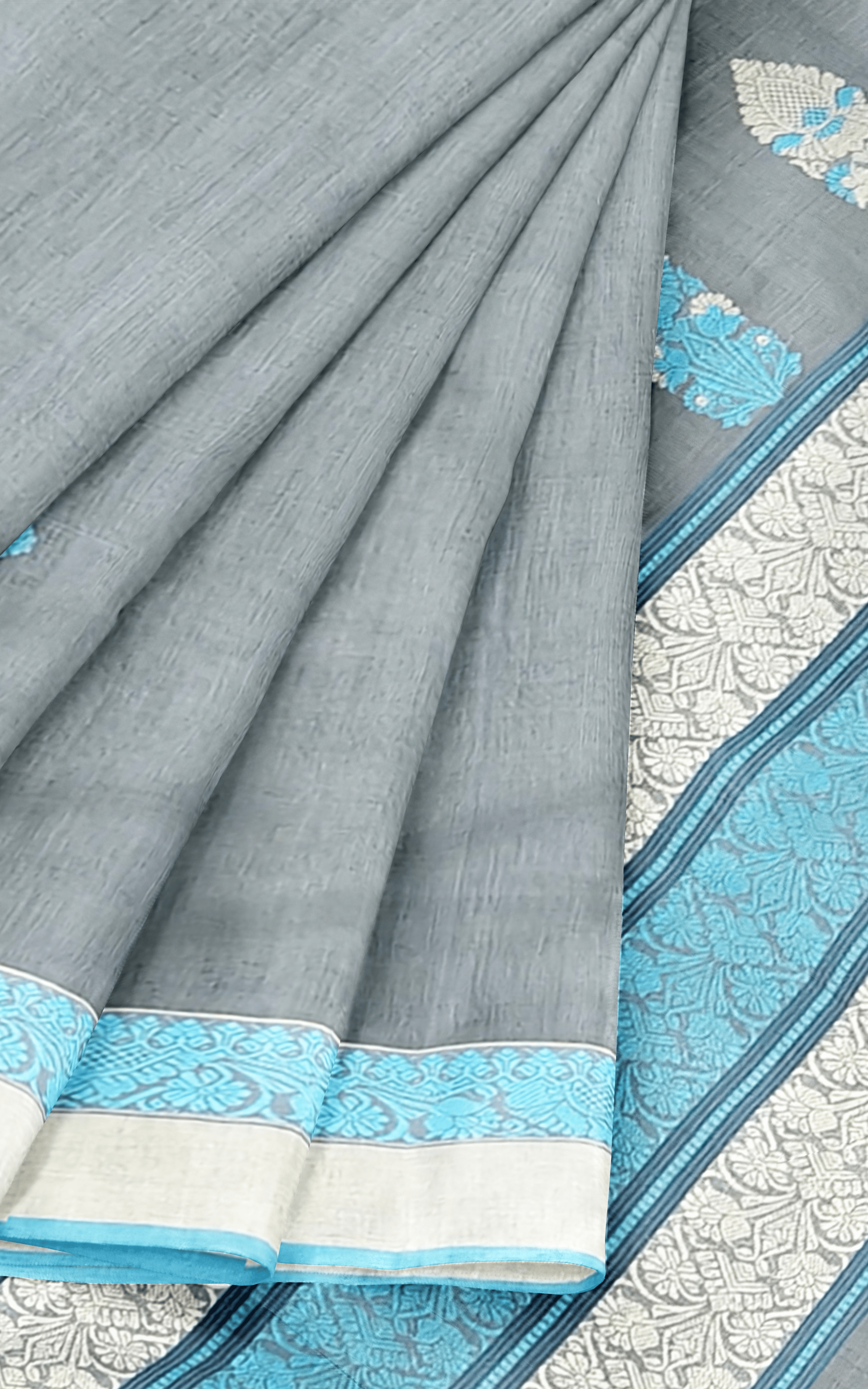 Divasutra Grey with Turquoise and White Cotton Saree