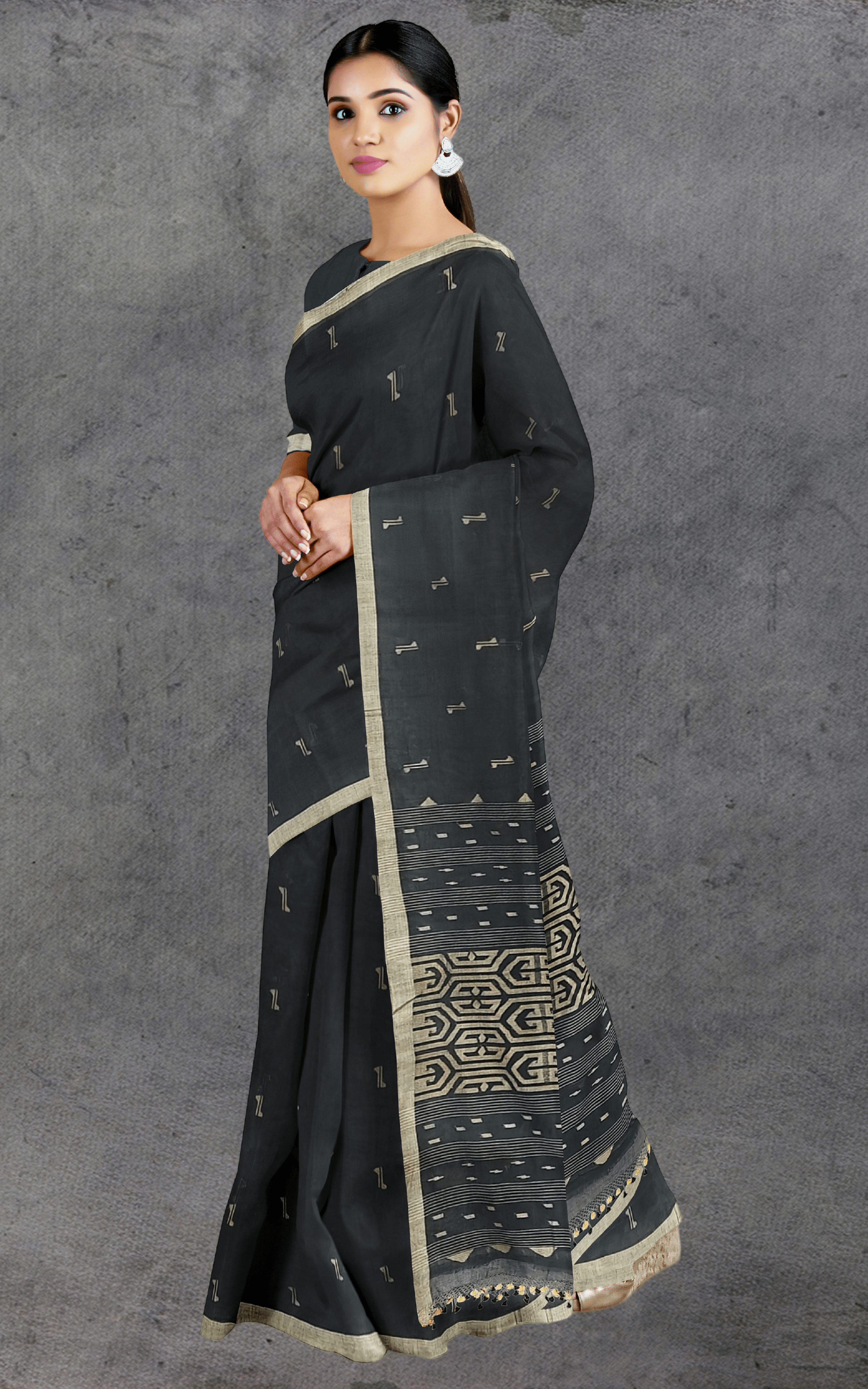 Divasutra Jet Black and Beige Cotton Jamdani Saree