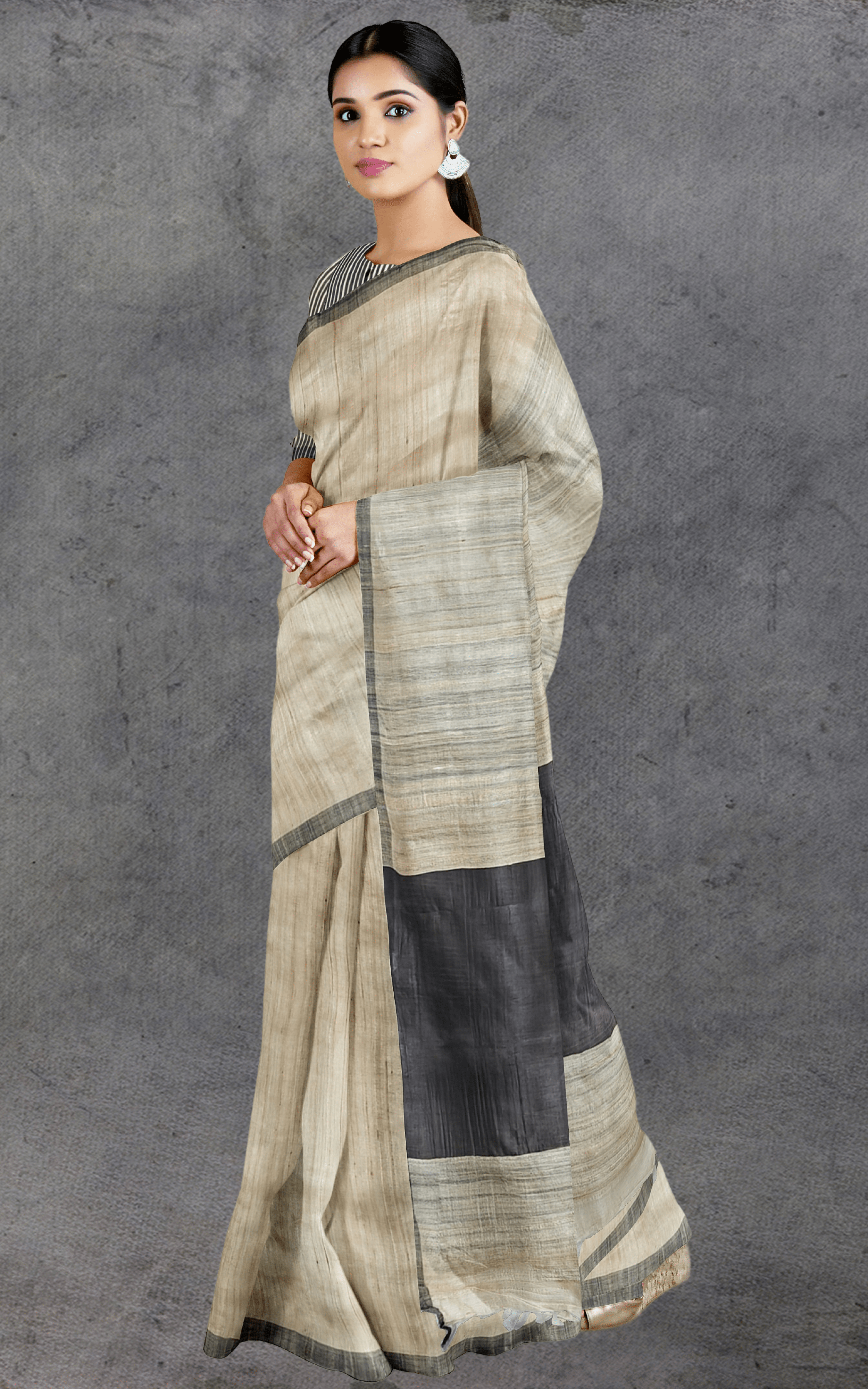 Divasutra Khaki and Black Tussar Silk Saree