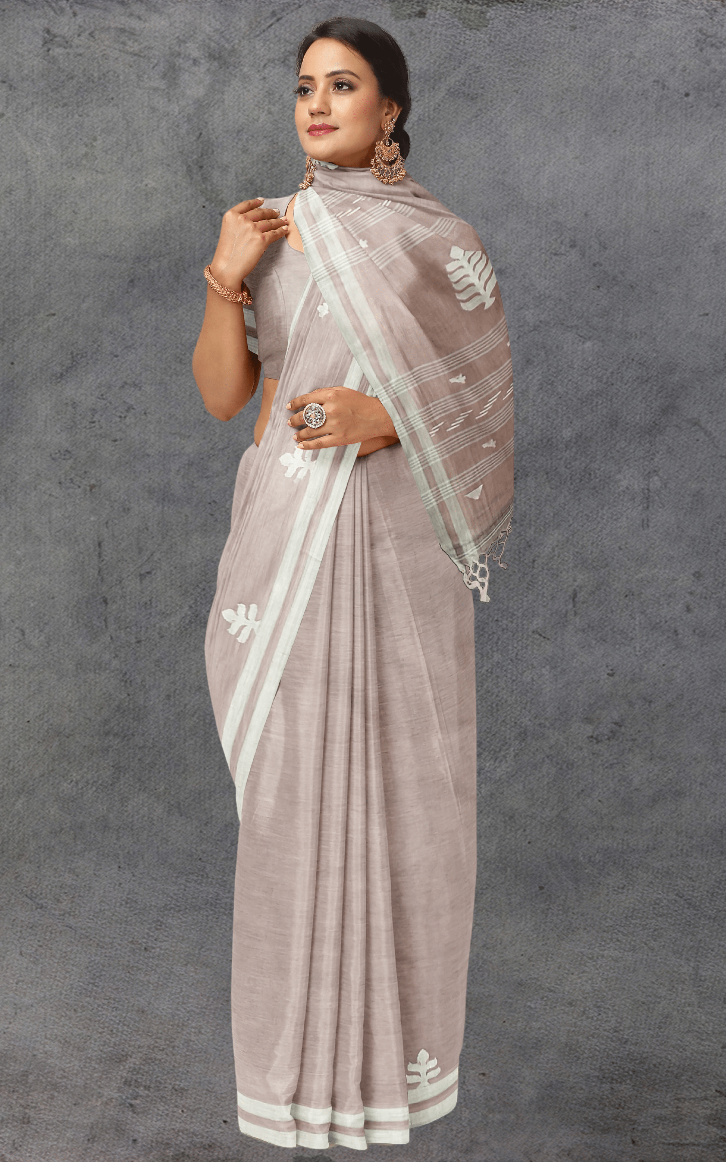Divasutra Peach Brown and White Cotton Saree