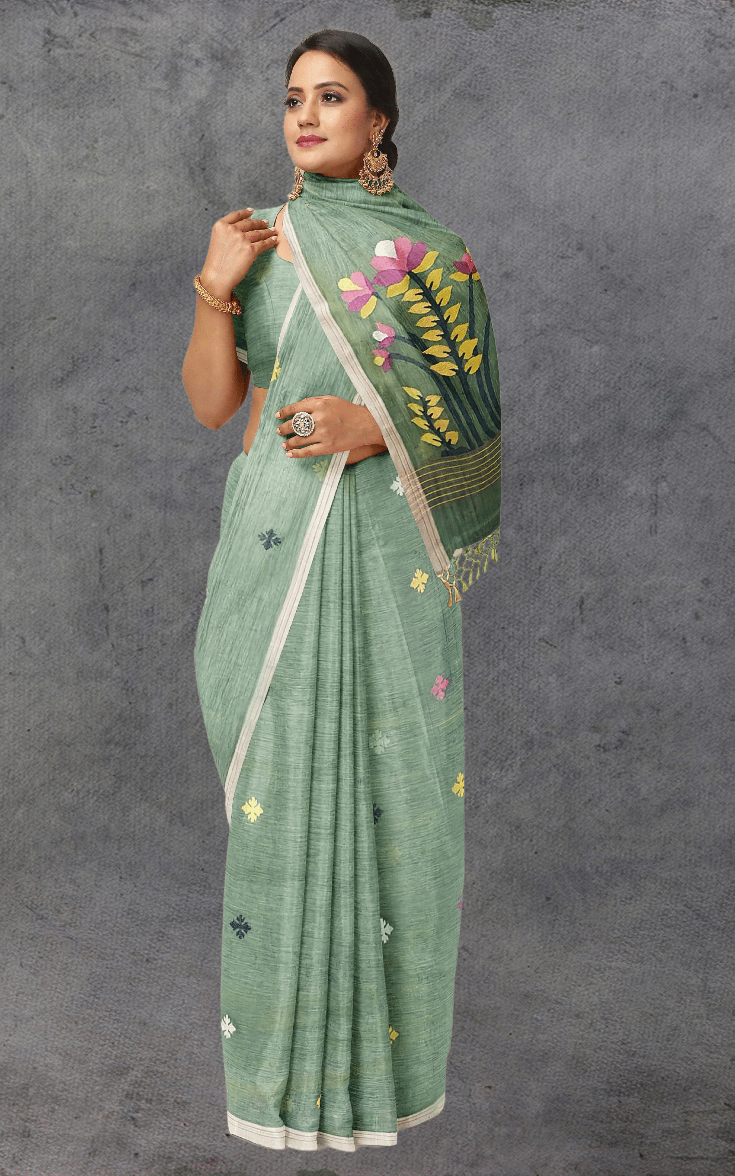 Divasutra Spanish Green Dual Tone Cotton Jamdani Saree
