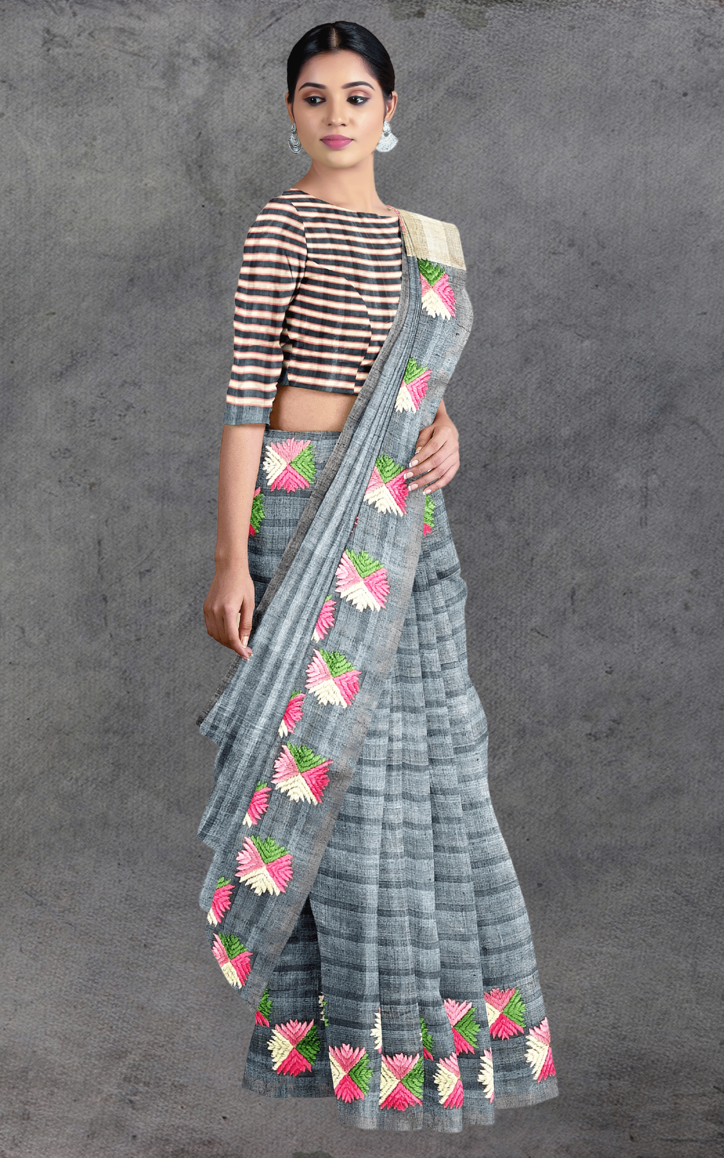 Divasutra Steel Grey and Beige Tussar Silk Phulkari Saree