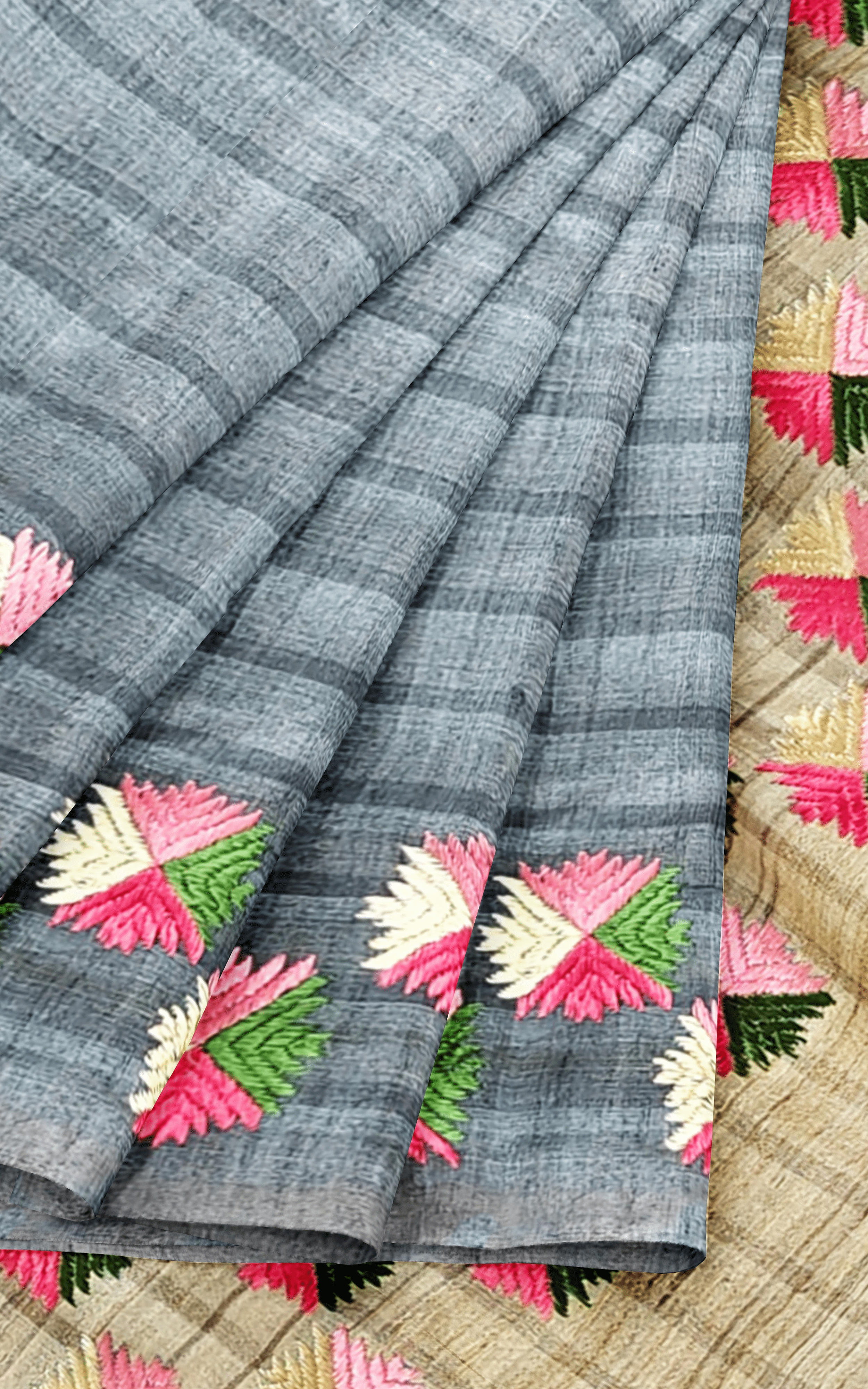Divasutra Steel Grey and Beige Tussar Silk Phulkari Saree
