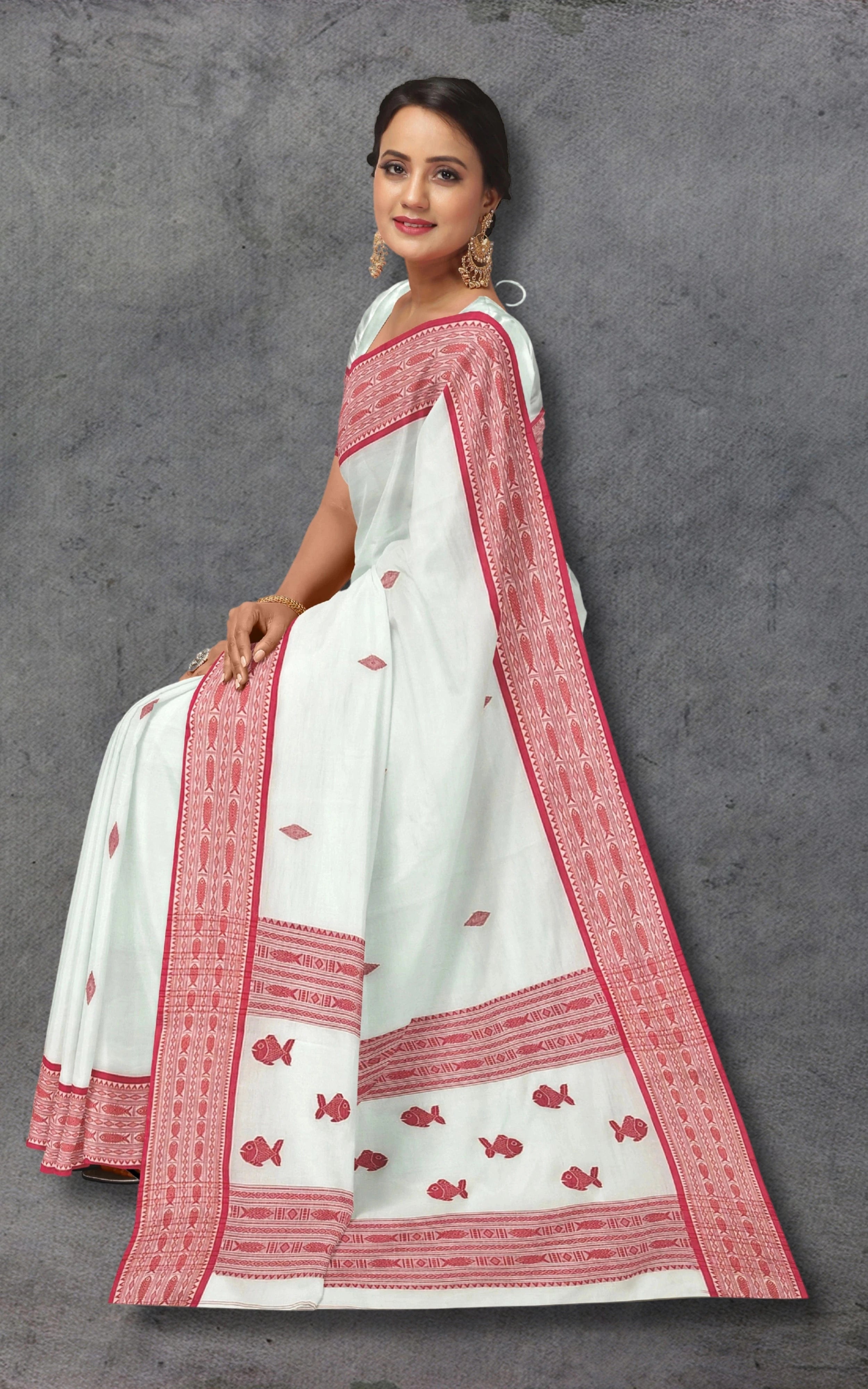 Divasutra White and Red Cotton Handwoven Jacquard Saree