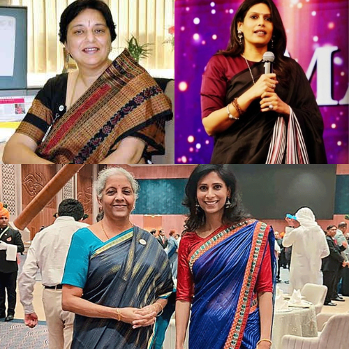 Neelam Dhaawan, MD Microsoft India, Palki Sharma, Managing Editor Network 18, Nirmala Sitharaman, Finance Minister, Gita Gopinatha, Chief Economist at IMF - Handloom Sarees