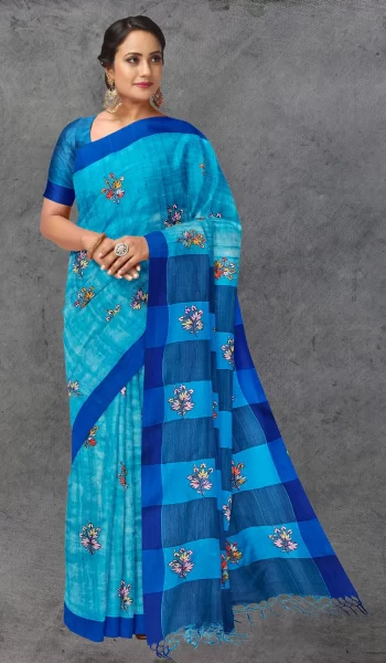 Aquamarine Blue Sozni Tussar Silk