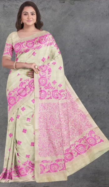 Beige Pink Kantha Tussar Silk