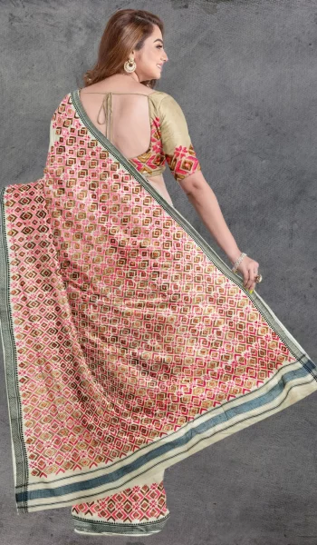 Beige Pink Phulkari Vidharba Tussar Silk