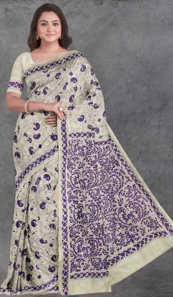 Beige Purple Kantha Tussar Silk