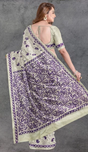 Beige Purple Kantha Tussar Silk 2