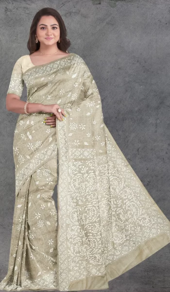 Beige-White-Kantha-Tussar-Silk