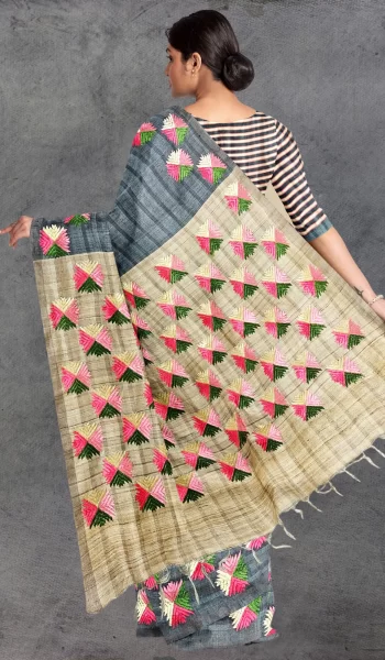 Grey Pink Beige Phulkari Tussar Silk