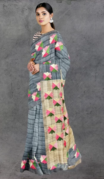 Grey Pink Beige Phulkari Tussar Silk