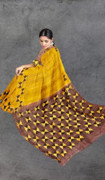 Mustard Brown Phulkari Tussar Silk