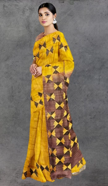 Mustard Brown Phulkari Tussar Silk